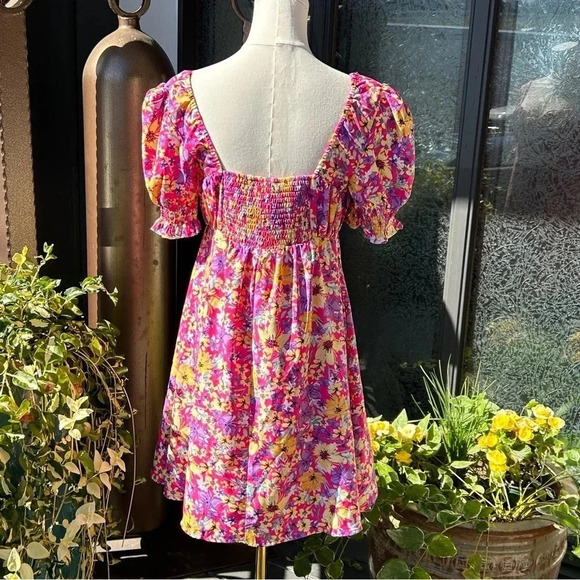 Cottagecore Pink Floral Print Puffed Sleeve Button Down Smocked Babydoll Dress S - Picture 7 of 15